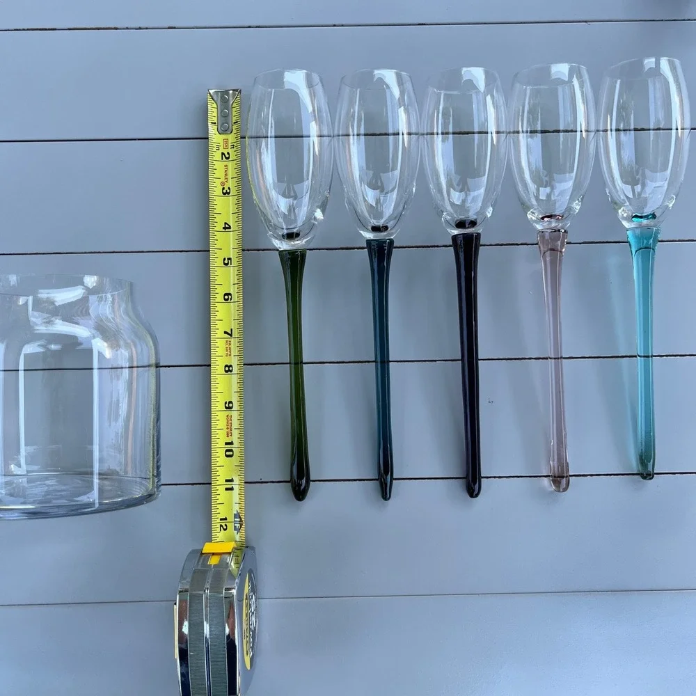 VTG 5 Hand Blown Champagne Bouquet Flutes Long Stems with Glass Vase